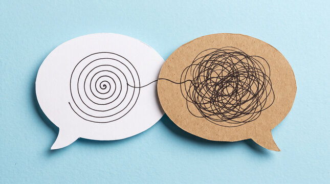Two speech bubbles illustrate contrasting thought patterns in a discussion setting with chaotic scribble light blue background organized spiral drawing next tangled bubbles clear