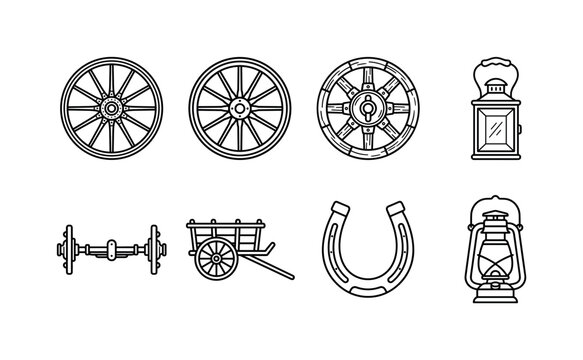 Vintage Wagon Wheels, line icon set featuring wagon wheel, carriage wheel, wooden wheel, wheel hub, axle, vintage cart, horseshoe and rustic lantern, covering wagon wheel, carriage, Wild West, vintage