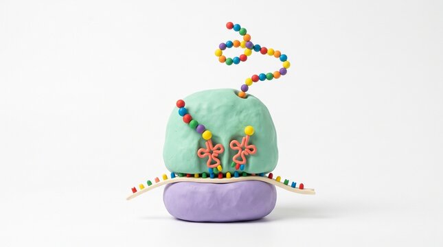 3D Ribosome Protein Synthesis Model with mRNA, tRNA and Amino Acid Chain on White Background