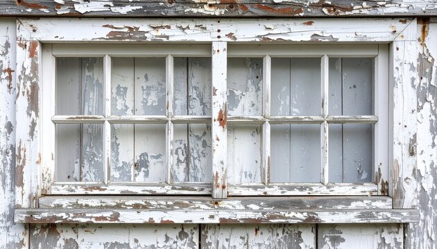 Rustic weathered white window frame with aged paint and vintage character