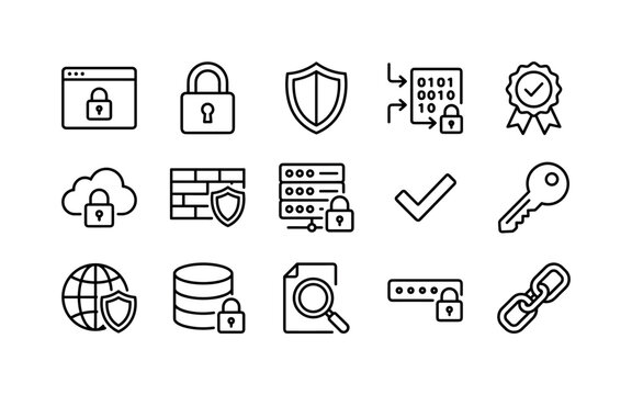 Website Cyber Protection, line icon set featuring browser window, padlock, shield, certificate badge, encrypted data block, cloud, checkmark, firewall and secure server, covering website security,