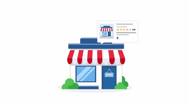 Flat 2D vector animation of a retail storefront with awning, rating card and customer reviews, clean commercial illustration, alpha channel transparent background.