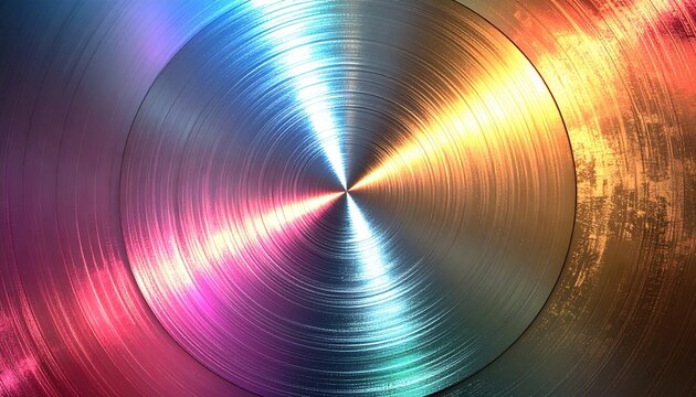 Iridescent circular brushed metal plate with radial texture and shifting rainbow reflections
