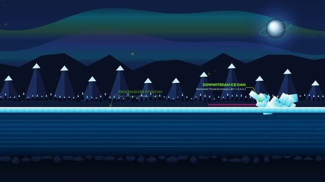 2D animation demonstrating how a hovercraft operates as an icebreaker on a frozen river using pneumatic cushion pressure to create a flexural depression bowl and fracture ice floes to avert floods