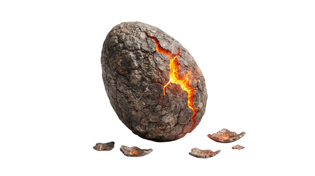 Ancient dinosaur egg with glowing lava cracks, prehistoric dragon egg hatching with orange light, textured stone fossil shell isolated PNG with Transparent Background