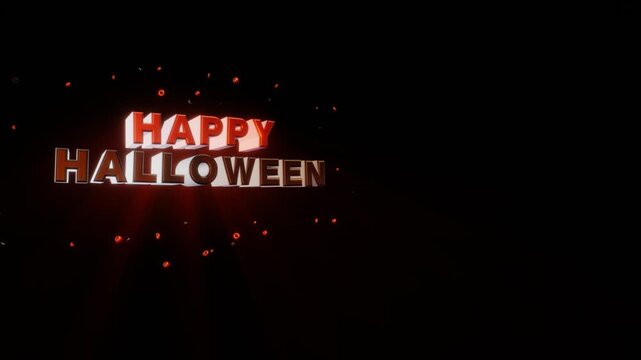 Happy Halloween 3D typography positioned on the left side with floating fiery embers on a black background in a motion render