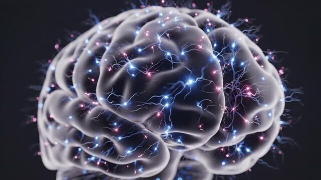 Human brain with electrical impulses and glowing neurons representing mental activity