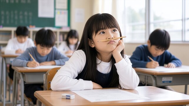 教室でテスト中に鉛筆を鼻の下に挟んで頬杖をつく小学生の女の子