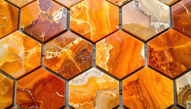 Hexagonal orange onyx paver with polished stone surface and natural patterns