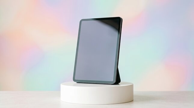 A modern tablet with a blank screen on a white stand against a colorful, abstract background.