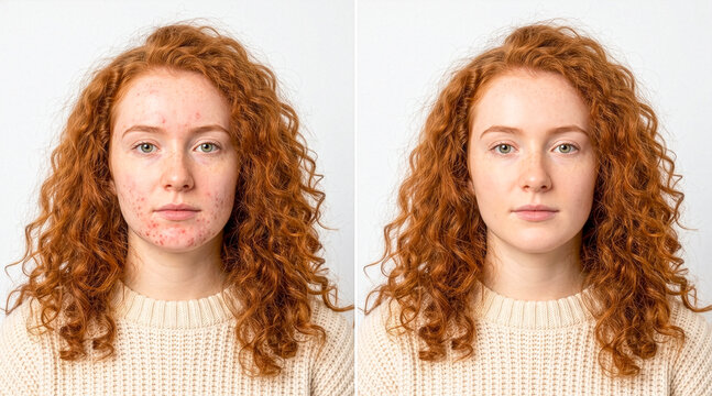 Before and After Acne Skin Treatment Woman Portrait Comparison