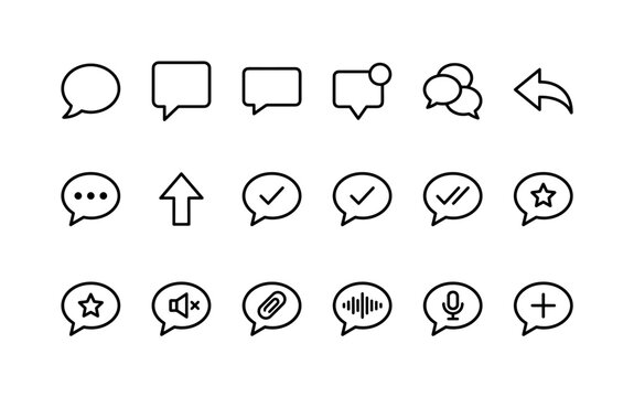 Chat Message Bubbles, line icon set featuring speech bubble, dialog bubble, SMS box, notification bubble, group chat symbol, reply arrow, typing dots, send arrow, covering communication, online chat,