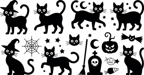 Obraz premium Spooky Halloween black cat silhouette set featuring cute cats witch hats pumpkin broom graveyard tombstone spider web design elements