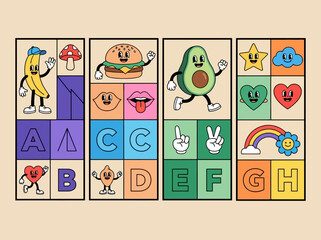 Fototapeta premium Retro Rubber Hose Style Cartoon Mascot Collection with Alphabet Letters and Fun Characters in Grid Layout