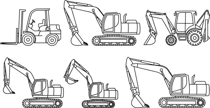 Construction machinery vector line art set with excavator forklift and backhoe isolated on white background