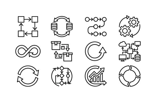 Cycle Exchange Process, line icon set featuring connected squares, circular arrows, workflow nodes, sync arrows, loop symbol, transfer boxes, refresh icon, process diagram, covering exchange process,