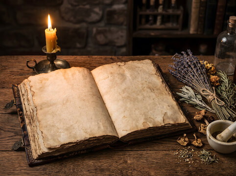 Vintage Witch Grimoire with Blank Pages, Halloween Alchemy Table with Burning Candle, Dried Lavender Herbs and Mortar Pestle, Mystical Spellbook Background Stock Photo