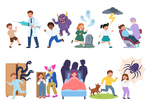 Childrens Phobias and Fears Vector Illustrations Set - Scared Kids Facing Monsters Doctors Dentists and Spiders