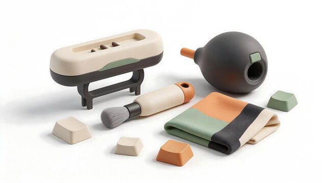 Keycap puller air blower and cleaning cloth arranged tabletop. Technology maintenance illustration concept