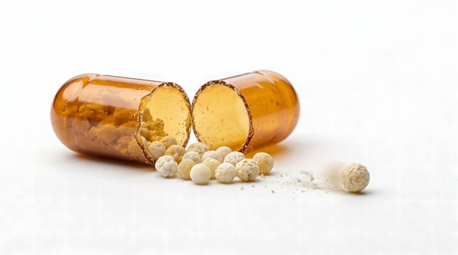 Extreme Macro of Translucent Medicine Capsule with Micro-Granules for Pharmaceutical Advertising