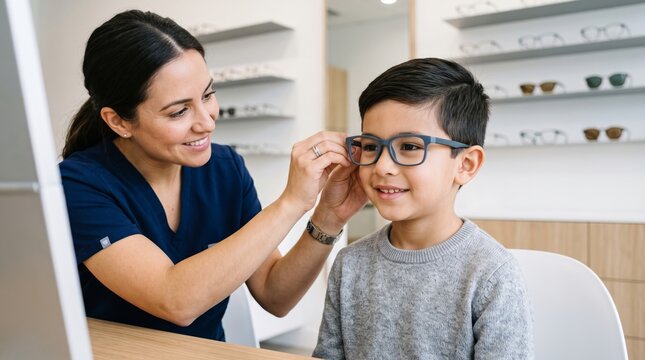 Woman optometrist fitting eyeglasses on happy boy in optical store. Child vision care and eye examination. Pediatric optometry and kids eyewear selection concept. Eye health.