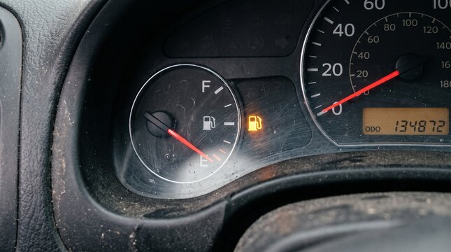 Low fuel warning light on car dashboard. Empty gas gauge showing pointer below empty. Automotive emergency concept photo