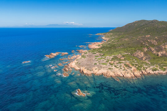 Aerial view of Cala Sarraina coastline in sardinia, italy