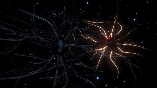 3D medical animation of firing neurons transferring electrical signals through synapses in human brain neural network