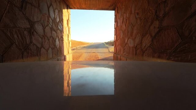 White Vehicle Driving Through Rustic Stone Tunnel at Sunset