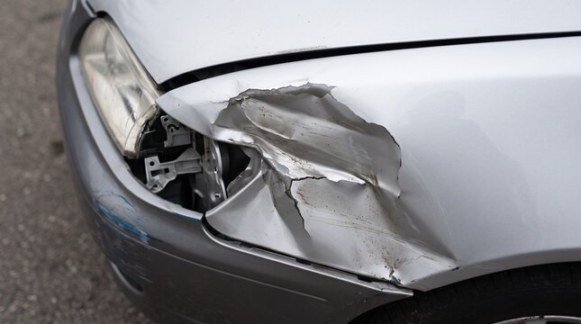 Car accident damage photo. Silver sedan with crushed front fender and broken headlight