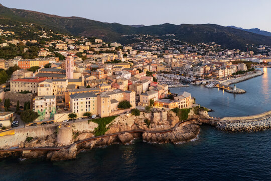 Bastia coastal harbor cityscape at Dawn on corsica island
