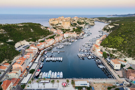 Inner Harbour and Citadel at dawn in bonifacio, corsica, france