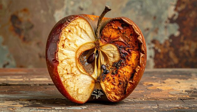 Half brown oxidized apple with stale fruit texture and visible cross section