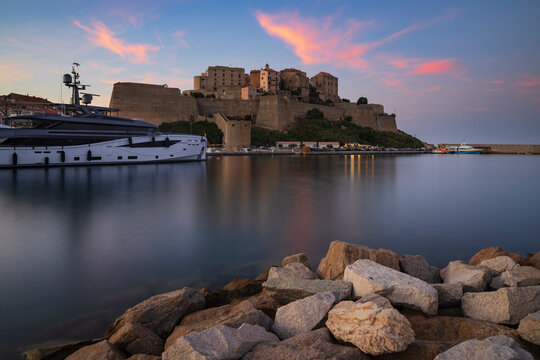 Citadel at Sunset viewed from yacht mole in calvi, corsica, france