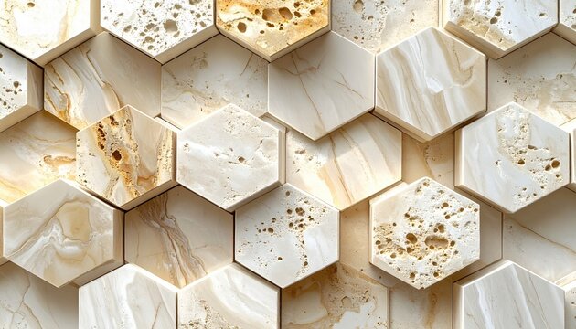 Hexagonal cream travertine stone tile with natural pores and warm texture