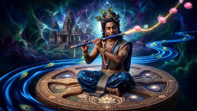 Krishna play flute: divine Govinda, sacred Gopala, cosmic Madhava, mystic Keshava, holy Hari, serene Shyam, youthful Kanha, celestial Murari, eternal Damodara, blessed Mukunda.