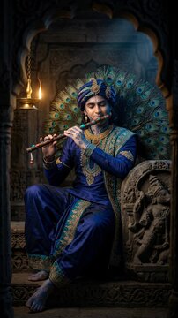 Deity Lord Krishna: play flute, wear peacock, sit temple, hold woodwind, emit serenity, perform music, burn lamp, represent Govinda, depict Gopala, symbolize Keshava.