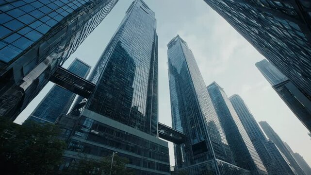 Modern city skyscrapers under bright sunlight with dramatic light shafts during daytime aerial view