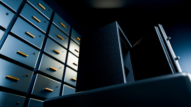 Open metal safe with locking pins near metal cabinets
