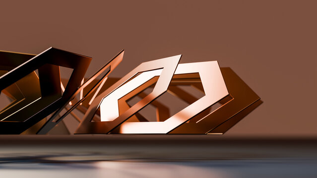 Geometric metal hexagons with reflections on brown background