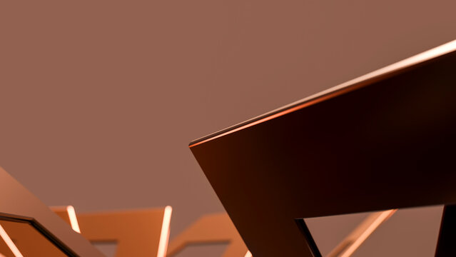 Abstract orange metal geometric sculpture with reflections