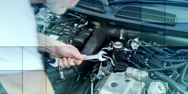 Car mechanic working on car engine, geometric pattern