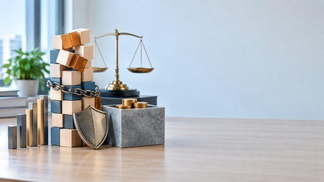 Leveraged AI Investment Risk Management, Financial Stability Concept with Building Blocks and Legal Scales Representing Investment