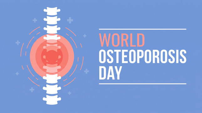 World Osteoporosis Day graphic with stylized spine and red rings indicating pain, isolated on transparent background, promoting bone health awareness and prevention strategies.