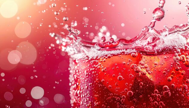 Red fruit soda splash with bubbles and refreshing beverage texture