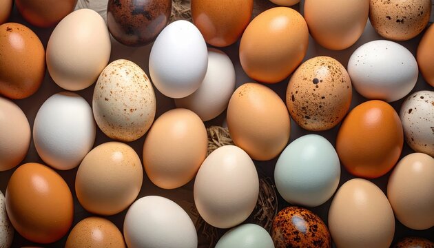 Assorted bird and poultry eggs with varied natural shell colors and smooth textures