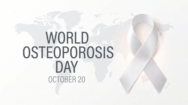 World Osteoporosis Day graphic featuring a white awareness ribbon against a world map background, isolated on transparent background, promoting global bone health awareness.