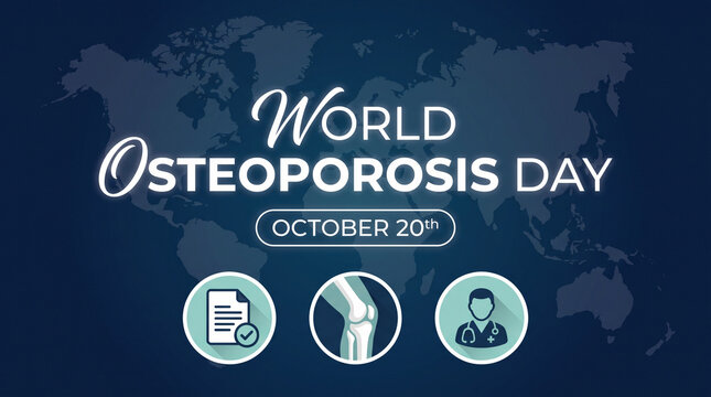 World Osteoporosis Day design with stylized text, icons of a document, knee joint, and doctor, set against a dark world map, isolated on transparent background, representing diagnosis and care.