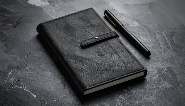Blank black leather notebook with pen for professional stationery mockup