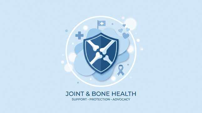 World Osteoporosis Day concept with a shield protecting joint and bone icons, symbolizing support, protection, and advocacy for bone health, isolated on transparent background.